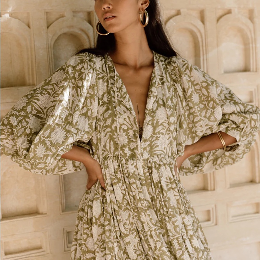 Daughters of India Olive and Cream Floral Long Sleeve Dress